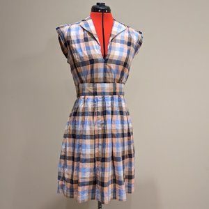 French Connection Navy Blue & Pink Plaid Deep V-Neck Dress Women's Size 6